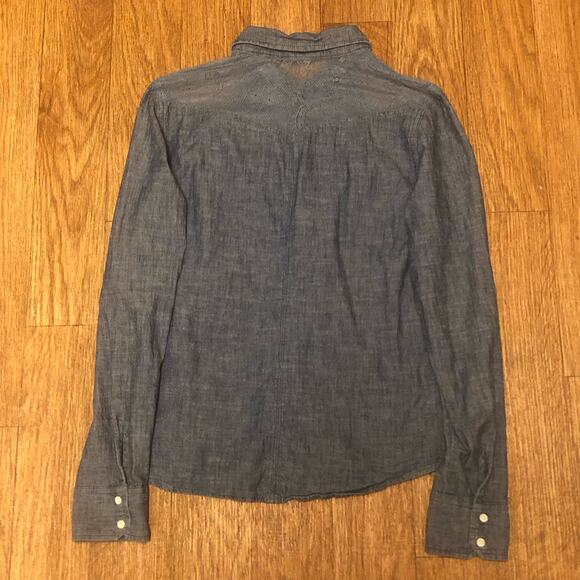 American Eagle Blue Denim Chambray Lace Long Sleeve Button Down Shirt - Picture 7 of 11